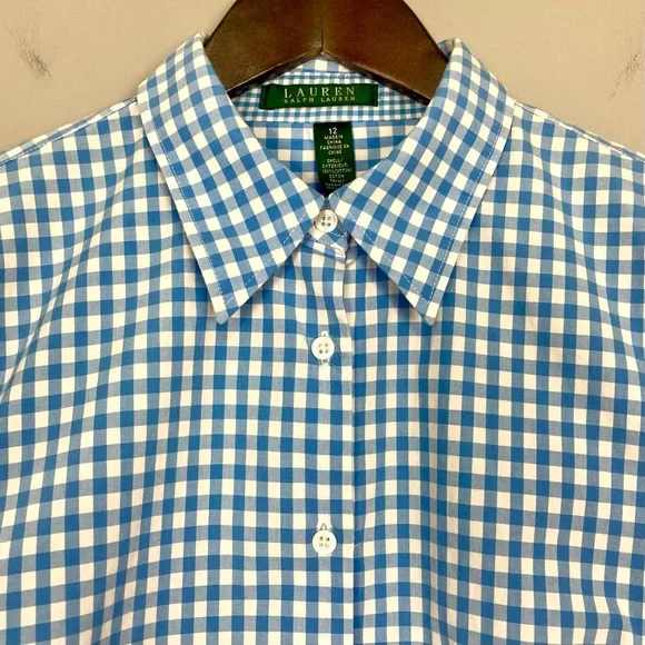 LRL Gingham Peplum Blouse Women’s Size 12 Button Front 3/4 Sleeves Flip Cuffs - Picture 2 of 6